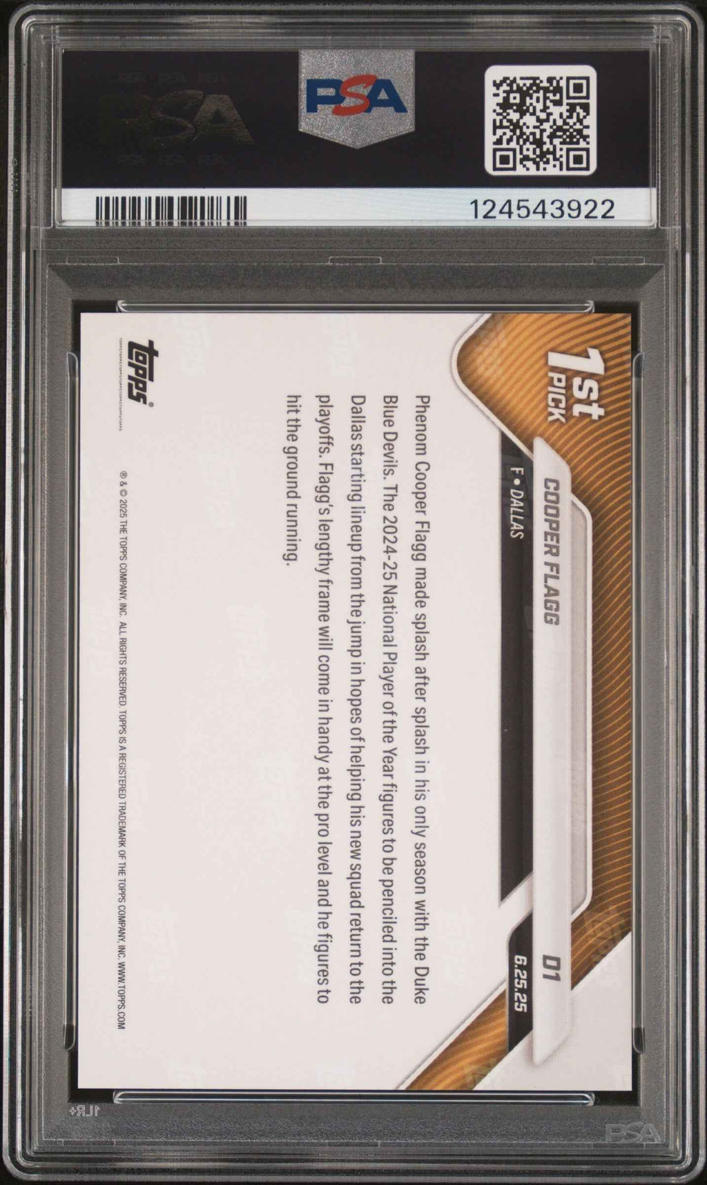 Graded 2025 Topps Now Cooper Flagg #D1 Draft Rookie RC Basketball Card PSA 10 Gem Mint