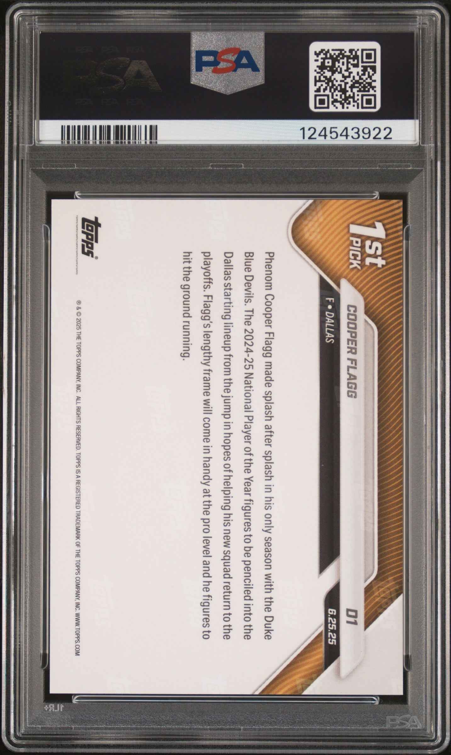 Graded 2025 Topps Now Cooper Flagg #D1 Draft Rookie RC Basketball Card PSA 10 Gem Mint