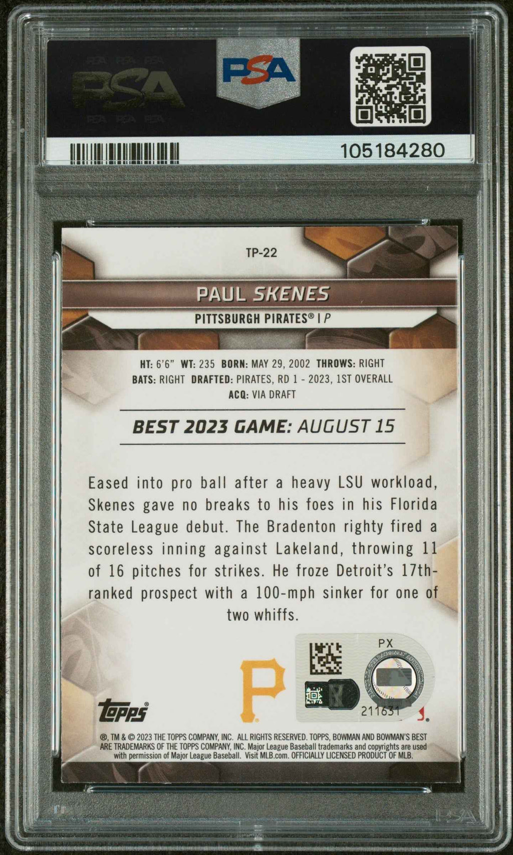 Graded 2023 Topps Bowmans Best Paul Skenes #TP22 Top Prospects Rookie RC Baseball Card PSA 9 Auto Grade Mint