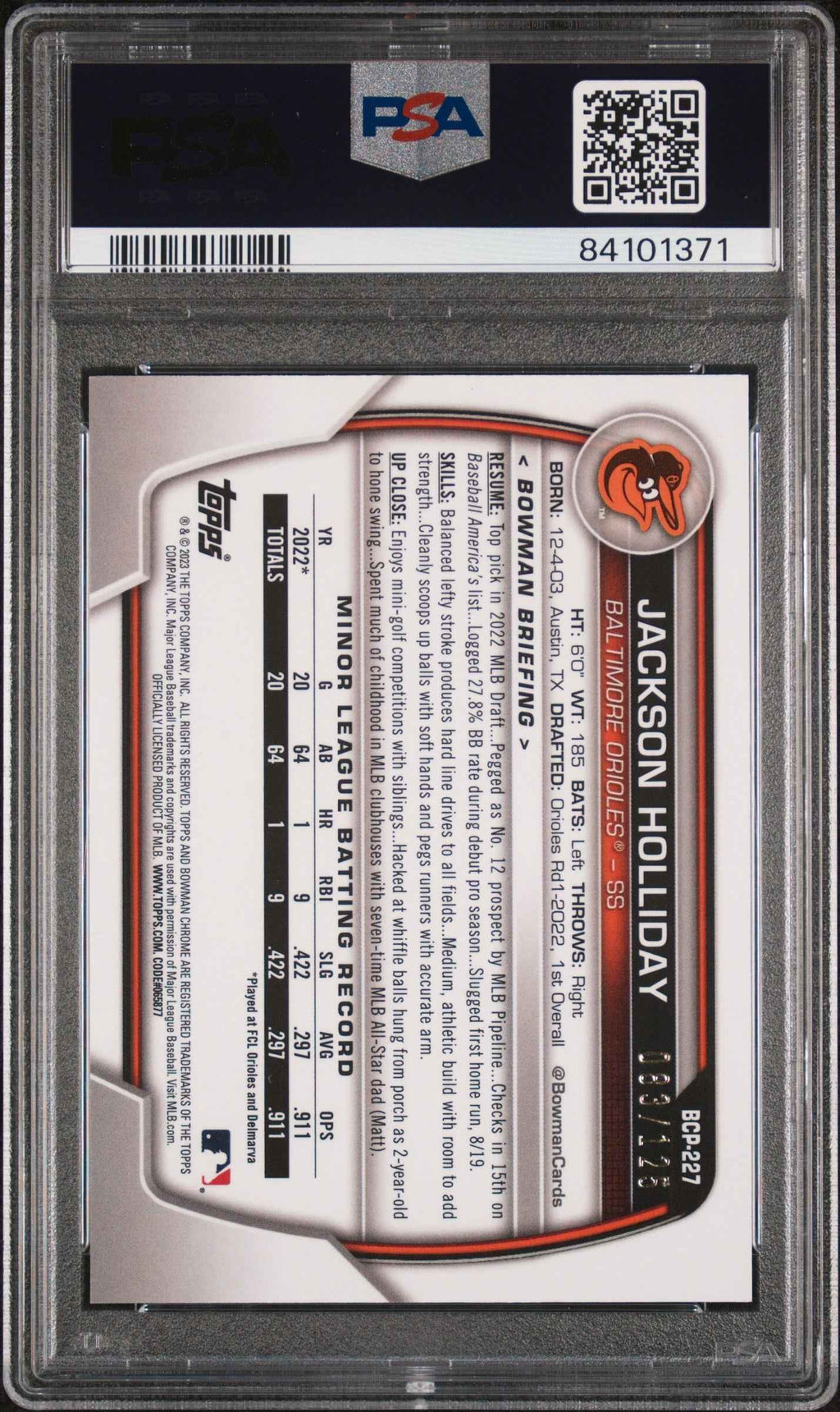 Graded 2023 Topps Bowman Chrome Jackson Holliday #BCP227 Prospects Aqua /125 Rookie RC Baseball Card PSA 10 Gem Mint