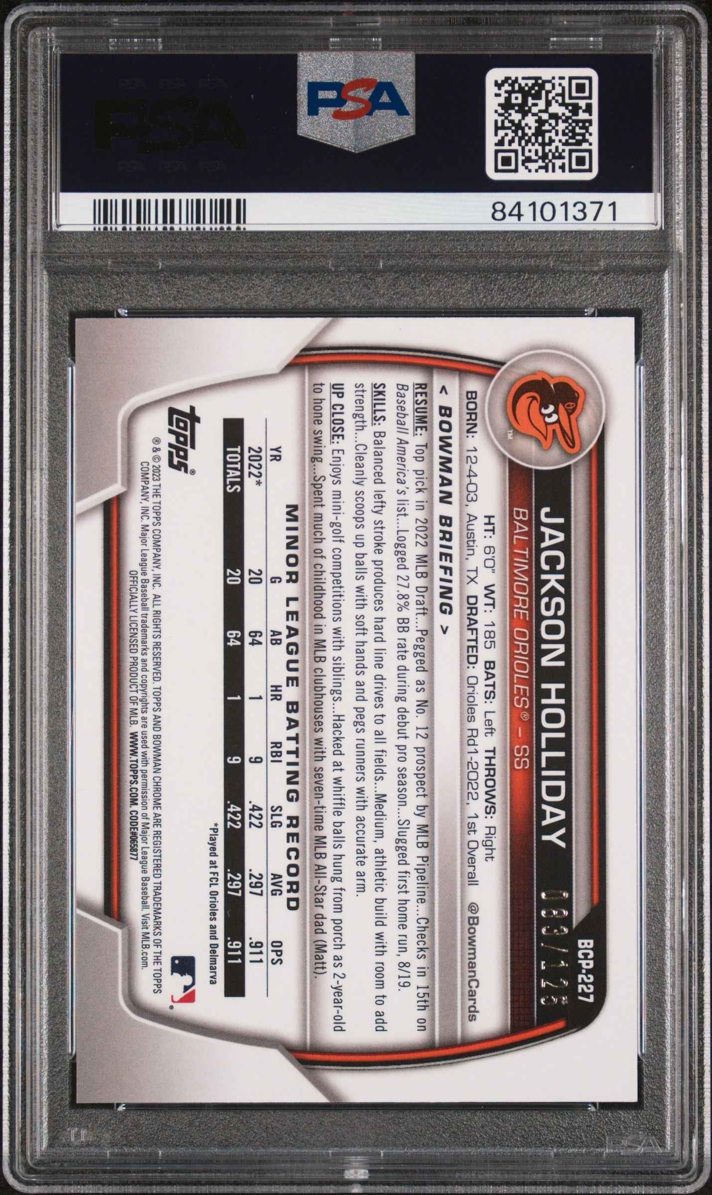 Graded 2023 Topps Bowman Chrome Jackson Holliday #BCP227 Prospects Aqua /125 Rookie RC Baseball Card PSA 10 Gem Mint