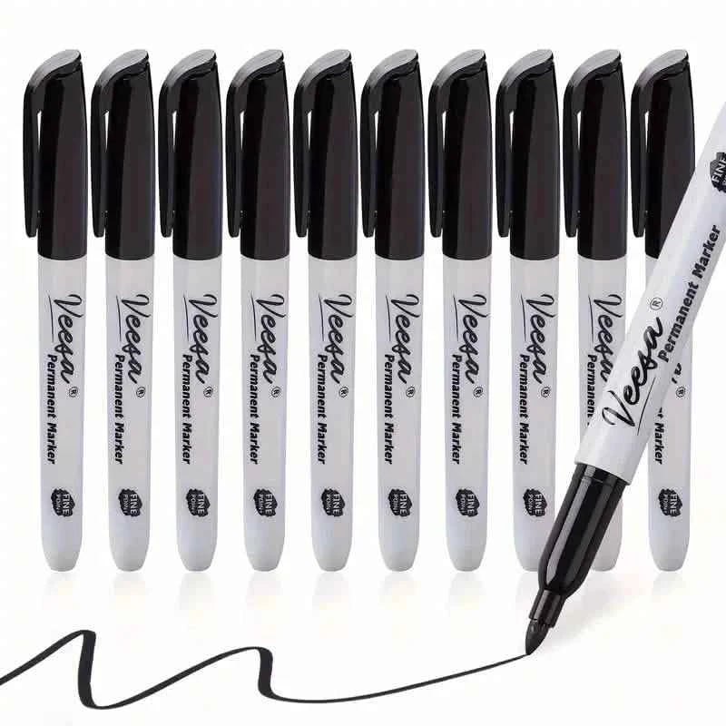 10-Pieces: Black Permanent Markers Fine Tip