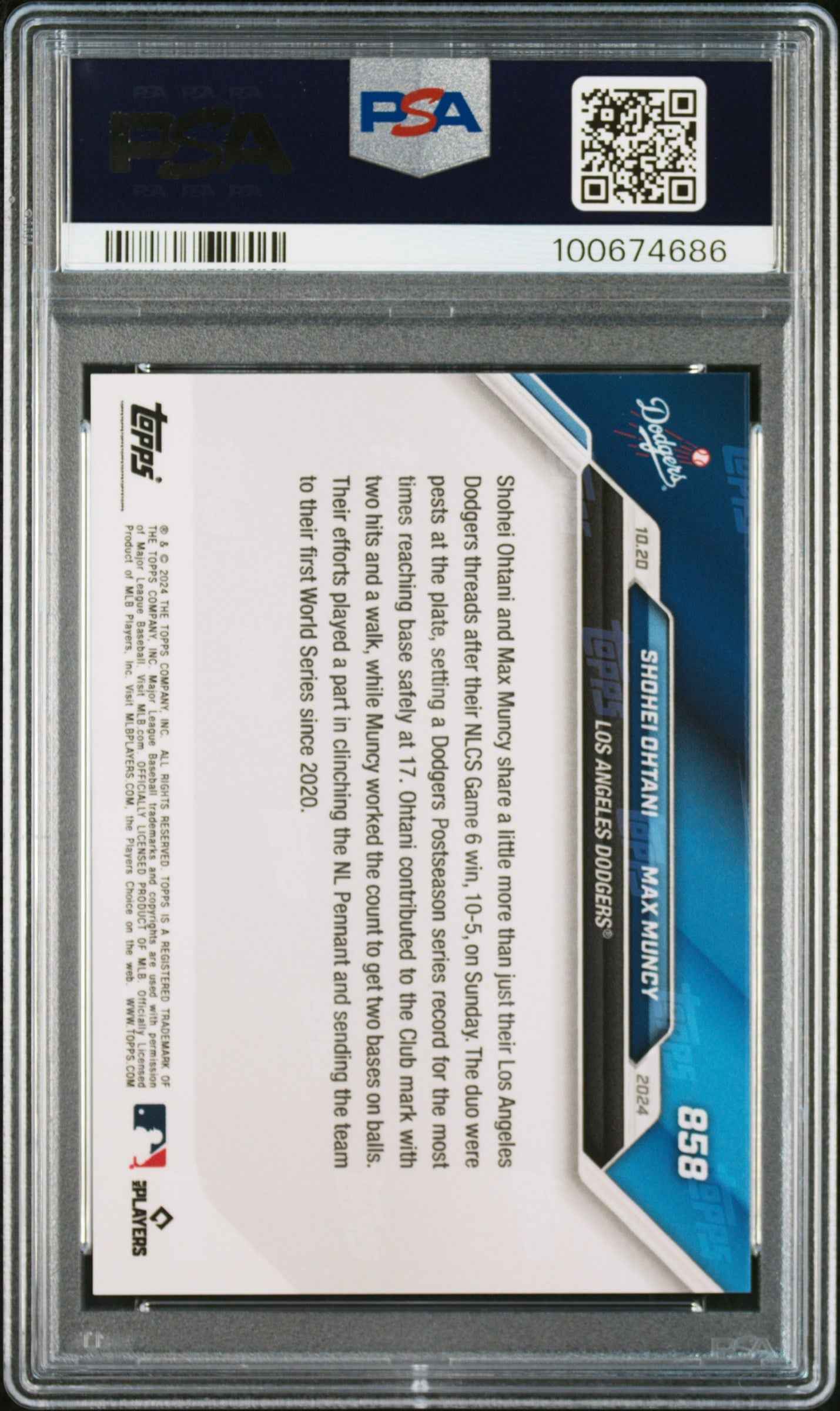 Graded 2024 Topps Now Shohei Ohtani Max Muncy #858 Baseball Card PSA 10 Gem Mint