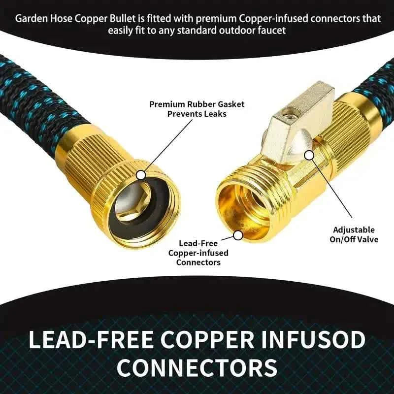 100ft Lightweight & No-Kink Flexible Garden Hose - 8 Function Nozzle, 3/4 Inch Solid Brass Fittings