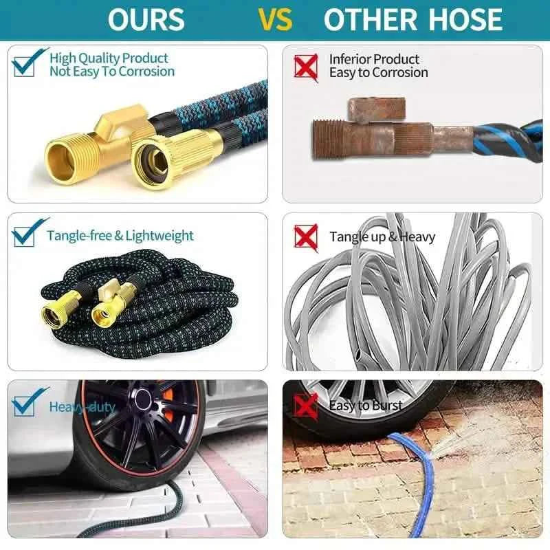 100ft Lightweight & No-Kink Flexible Garden Hose - 8 Function Nozzle, 3/4 Inch Solid Brass Fittings