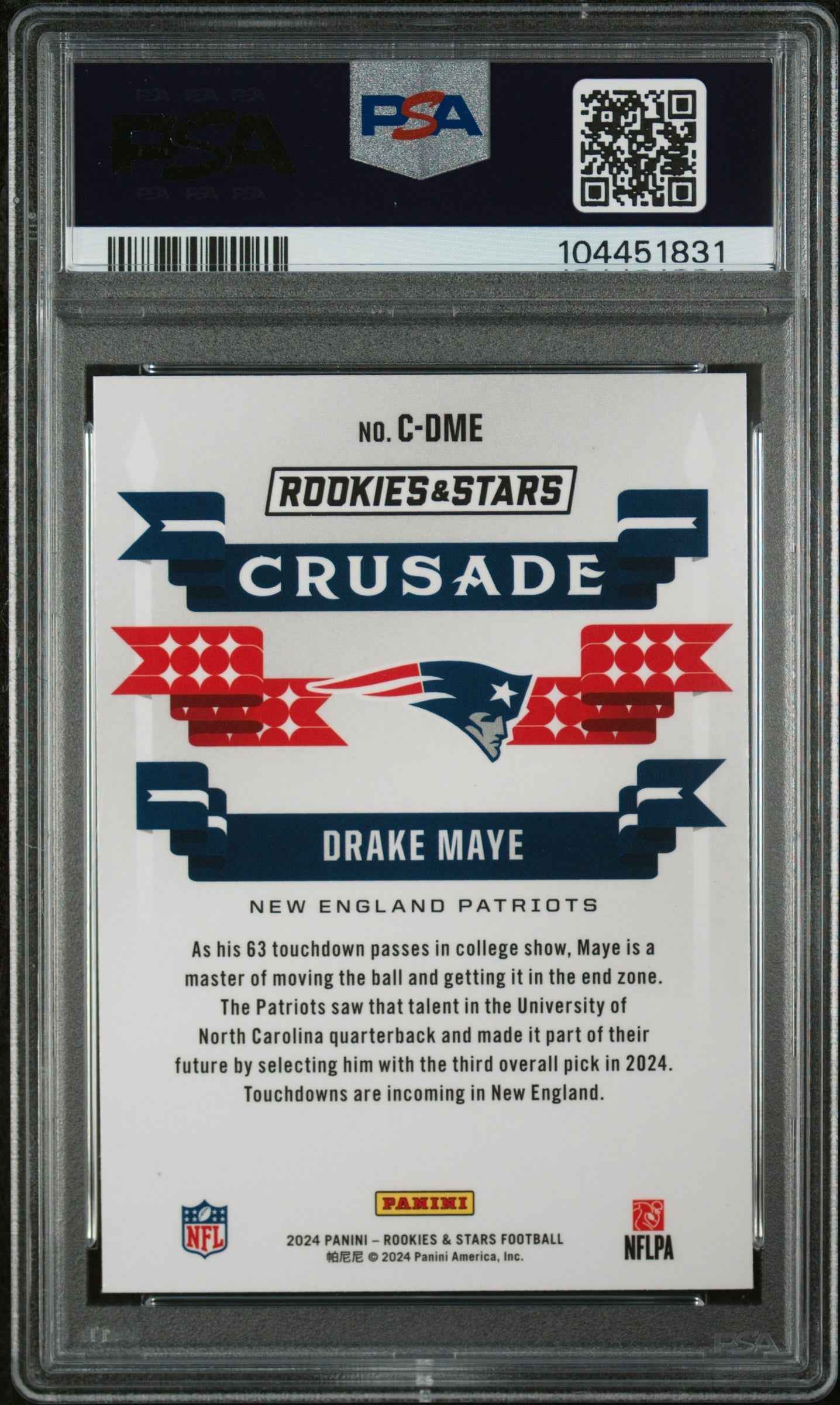 Graded 2024 Panini Rookies & Stars Drake Maye #CDME Crusade Rookie RC Football Card PSA 10 Gem Mint