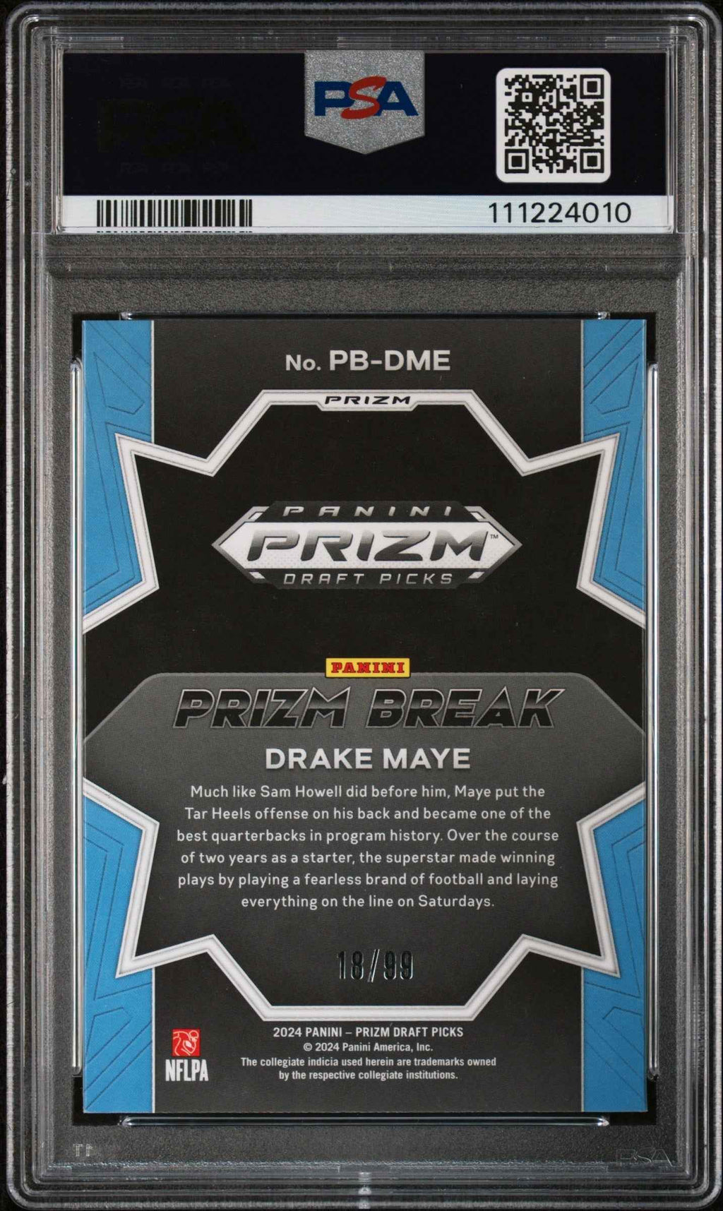 Graded 2024 Panini Prizm Draft Picks Drake Maye #PBDME Prizm Break Blue Ice /99 Rookie RC Football Card PSA 10 Gem Mint