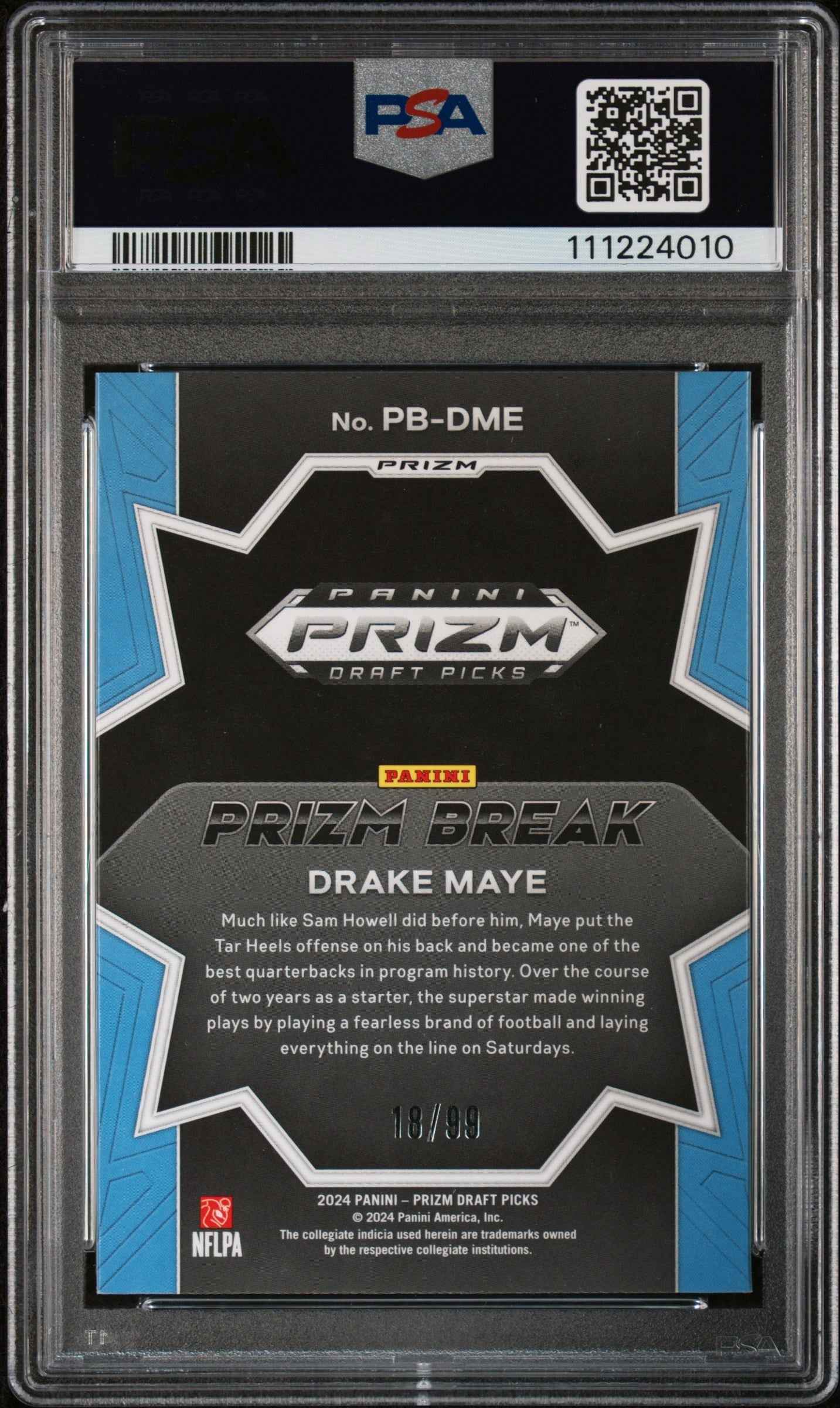 Graded 2024 Panini Prizm Draft Picks Drake Maye #PBDME Prizm Break Blue Ice /99 Rookie RC Football Card PSA 10 Gem Mint