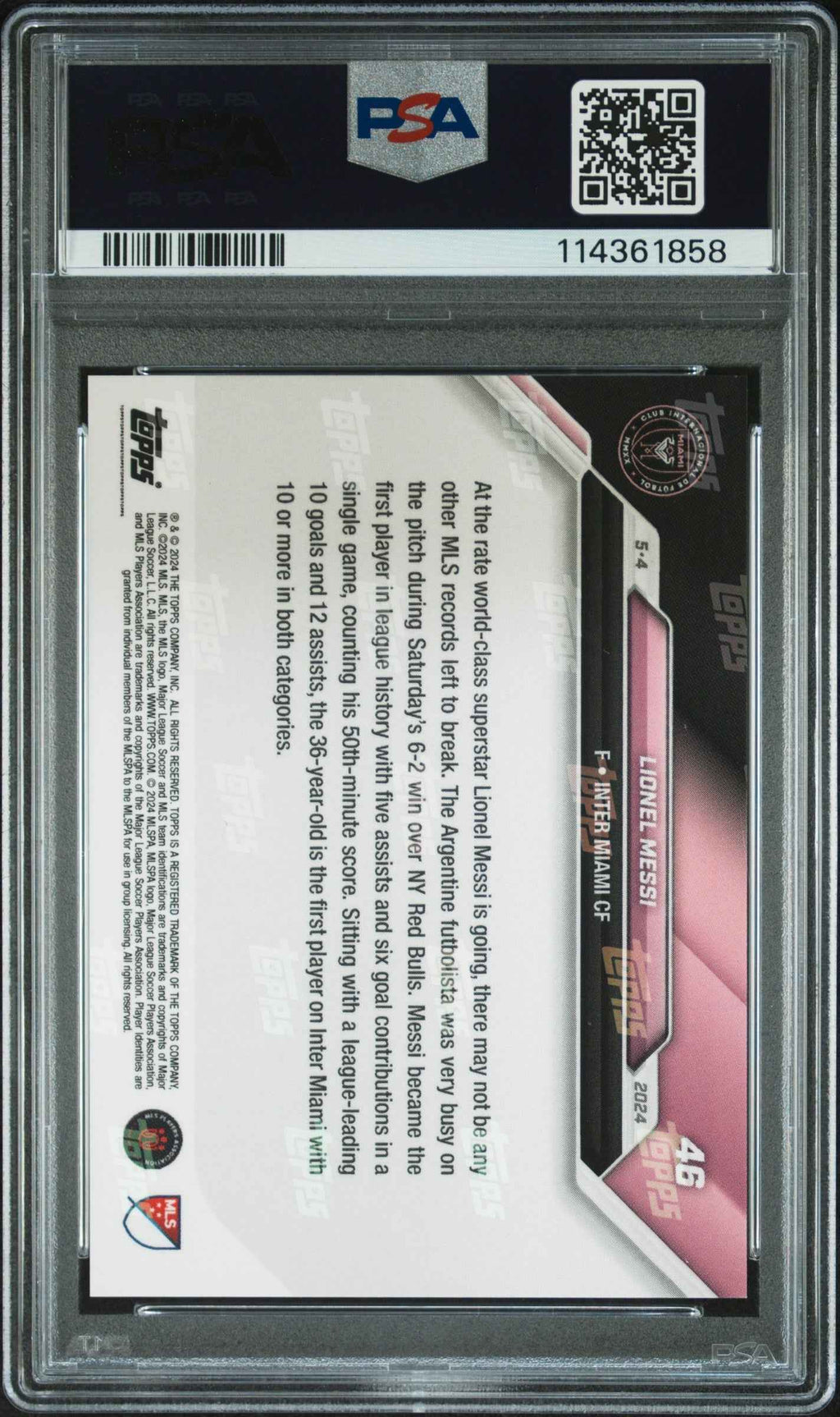 Graded 2024 Topps Now MLS Lionel Messi #46 1st MLS Player with 5 AST & 6-Goal Contribution Game Soccer Card PSA 10 Gem Mint