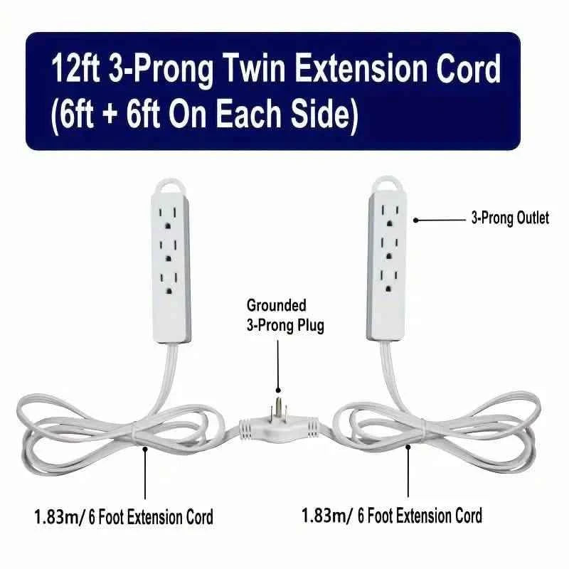12-Foot Long Extension Cord Power Strip with 6 Feet on Each Side 13A 125V 1625W
