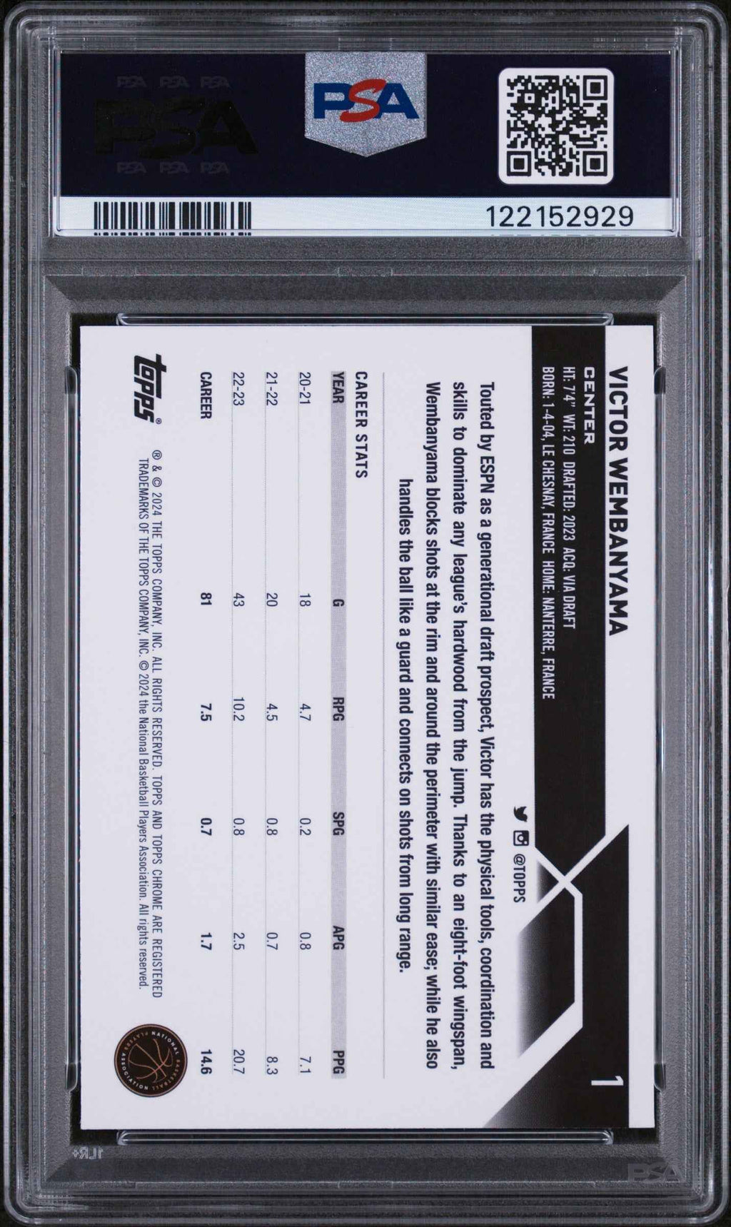 Graded 2023 Topps Chrome Victor Wembanyama #1 Rookie RC Basketball Card PSA 10 Gem Mint