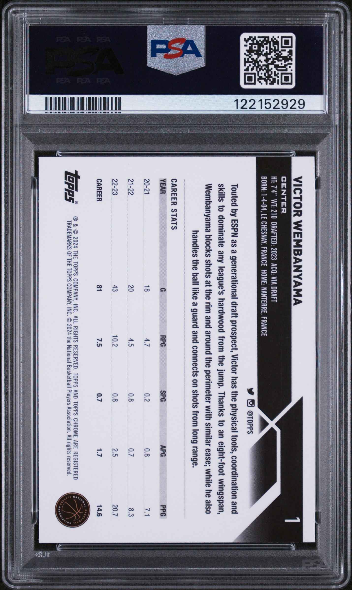 Graded 2023 Topps Chrome Victor Wembanyama #1 Rookie RC Basketball Card PSA 10 Gem Mint