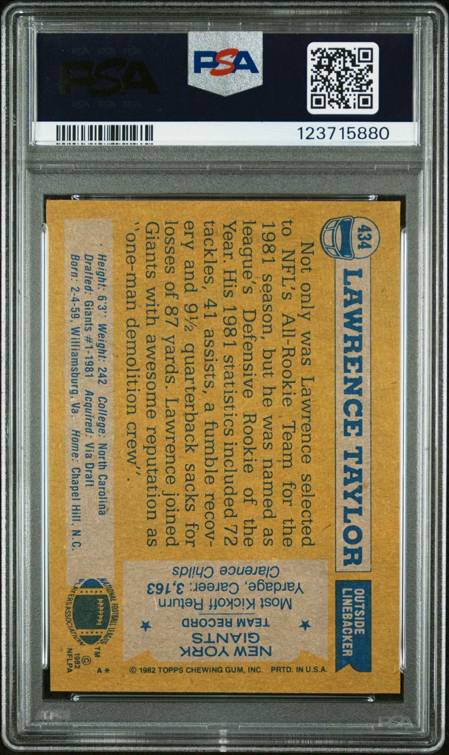 Graded 1982 Topps Lawrence Taylor #434 Rookie RC Signed Football Card PSA 8 Card - Auto Grade 9