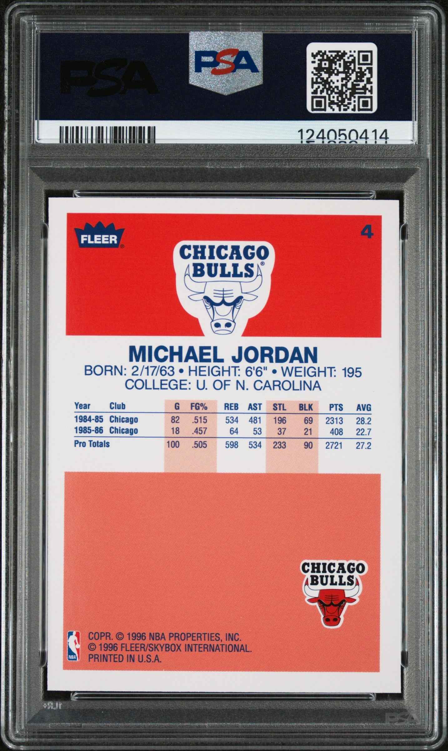 Graded 1996 Fleer Michael Jordan #4 Decade of Excellence Rookie Reprint Basketball Card PSA 9 Mint