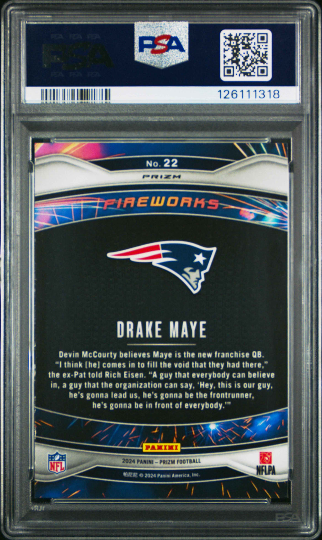 Graded 2024 Panini Prizm Drake Maye #22 Fireworks Green Prizm Rookie RC Football Card PSA 10 Gem Mint
