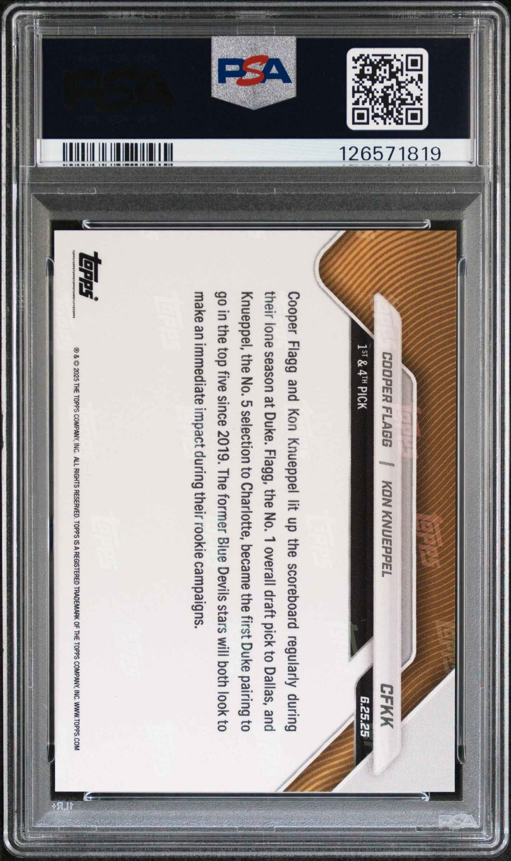 Graded 2025 Topps Now Cooper Flagg/Kon Knueppel #CFKK Rookie RC Basketball Card PSA 10 Gem Mint