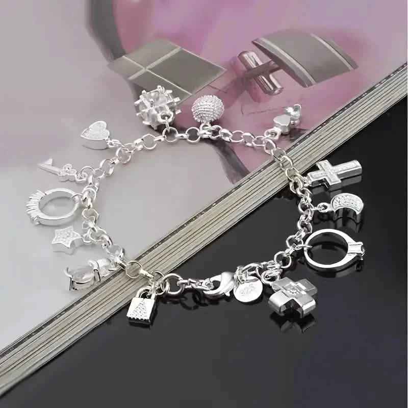 13 Pendant Charm Bracelet - Cubic Zirconia, No Plating, Fashion Jewelry Chain