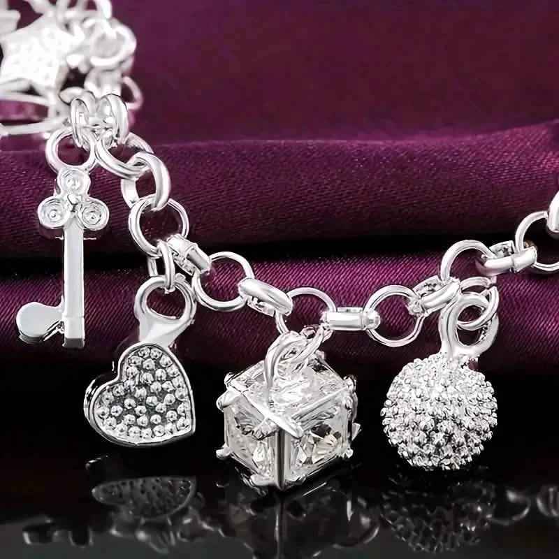 13 Pendant Charm Bracelet - Cubic Zirconia, No Plating, Fashion Jewelry Chain
