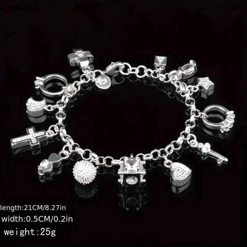 13 Pendant Charm Bracelet - Cubic Zirconia, No Plating, Fashion Jewelry Chain