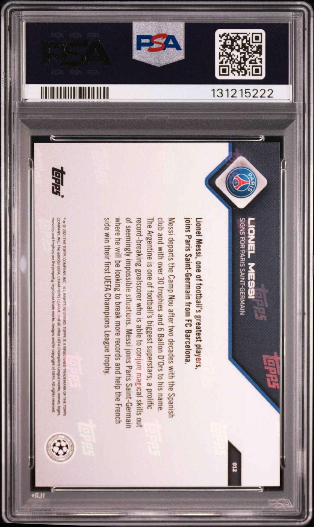 Graded 2021 Topps Now UCL Lionel Messi #12 Signs for PSG UEFA Champions League Soccer Card PSA 10 Gem Mint