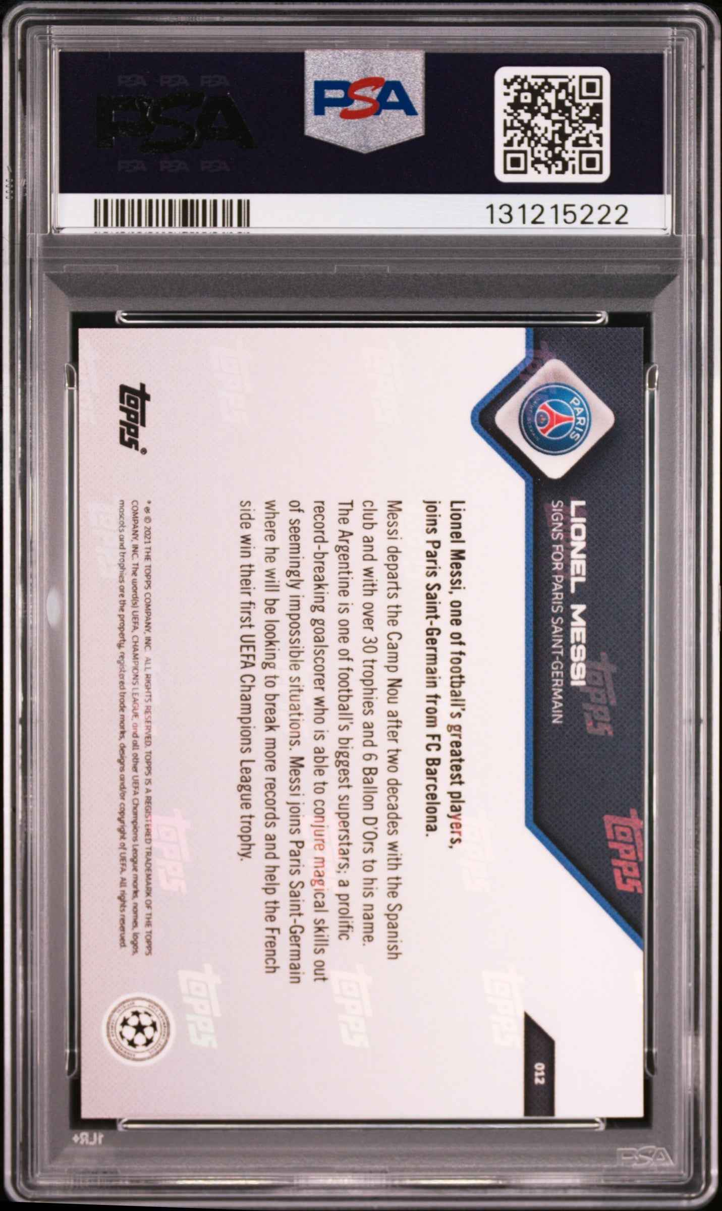 Graded 2021 Topps Now UCL Lionel Messi #12 Signs for PSG UEFA Champions League Soccer Card PSA 10 Gem Mint