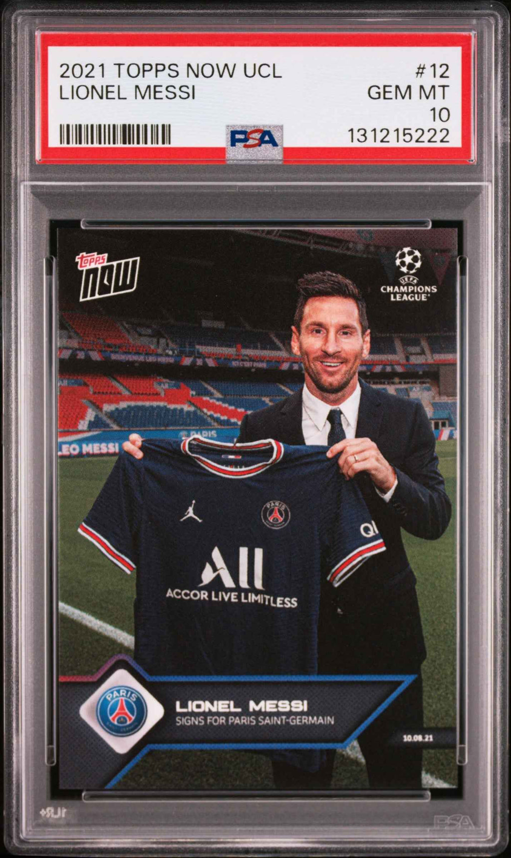 Graded 2021 Topps Now UCL Lionel Messi #12 Signs for PSG UEFA Champions League Soccer Card PSA 10 Gem Mint