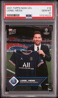 Graded 2021 Topps Now UCL Lionel Messi #12 Signs for PSG UEFA Champions League Soccer Card PSA 10 Gem Mint