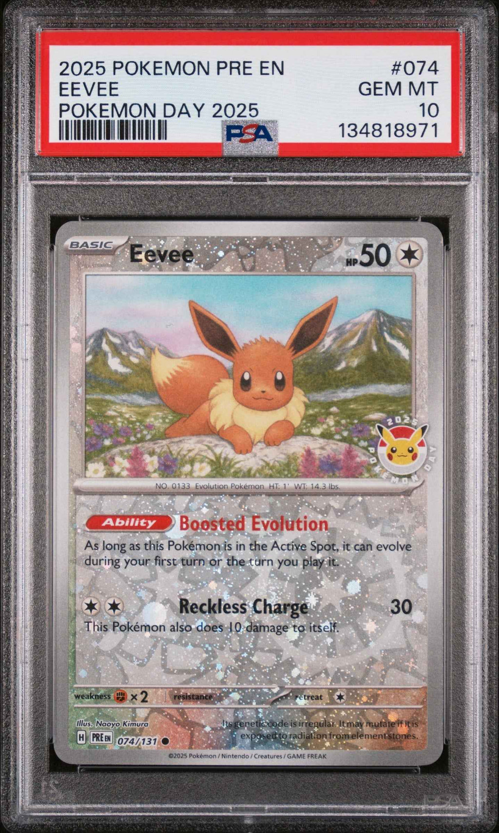 Graded 2025 PKM PRE EN Eevee #074 Pokemon Day Trading Card Game PSA 10 Gem Mint