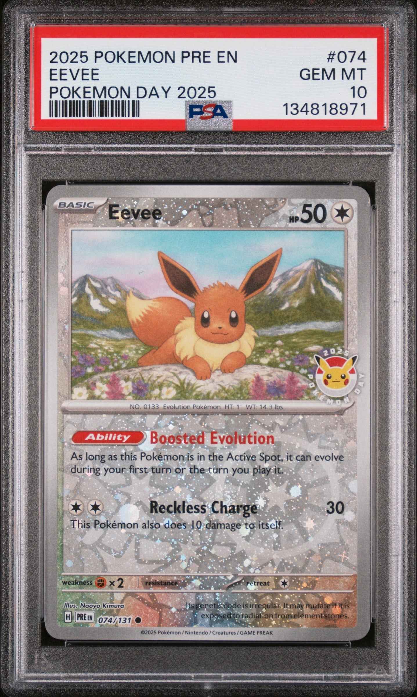 Graded 2025 PKM PRE EN Eevee #074 Pokemon Day Trading Card Game PSA 10 Gem Mint