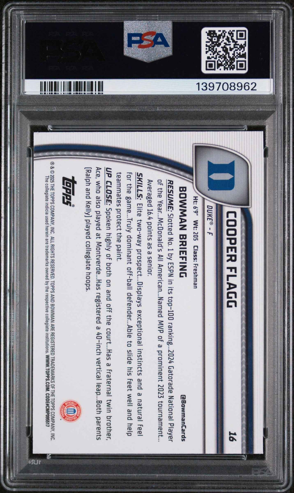 Graded 2024 Topps Bowman Chrome U Cooper Flagg #16 Purple Lava Rookie RC Basketball Card PSA 10 Gem Mint