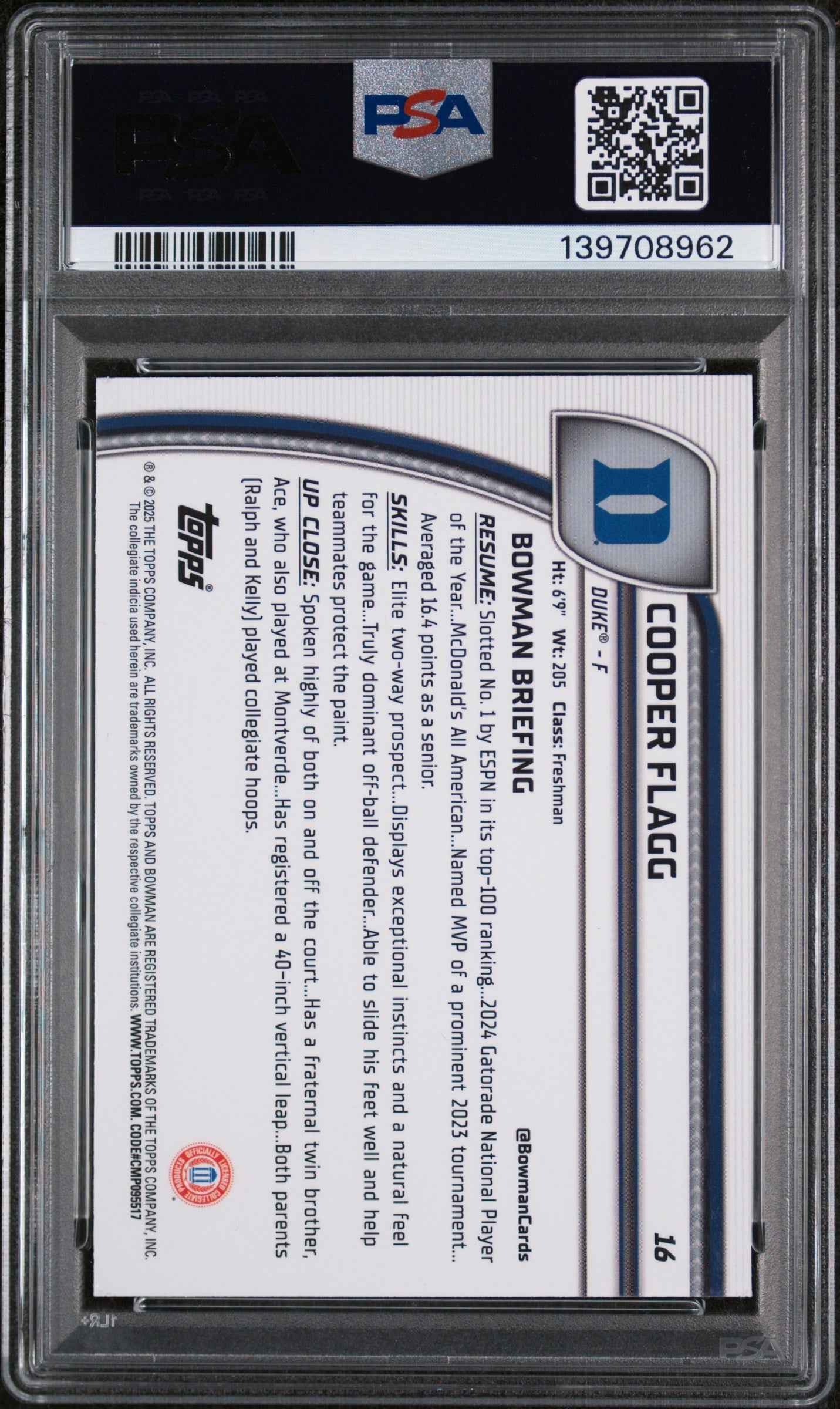 Graded 2024 Topps Bowman Chrome U Cooper Flagg #16 Purple Lava Rookie RC Basketball Card PSA 10 Gem Mint