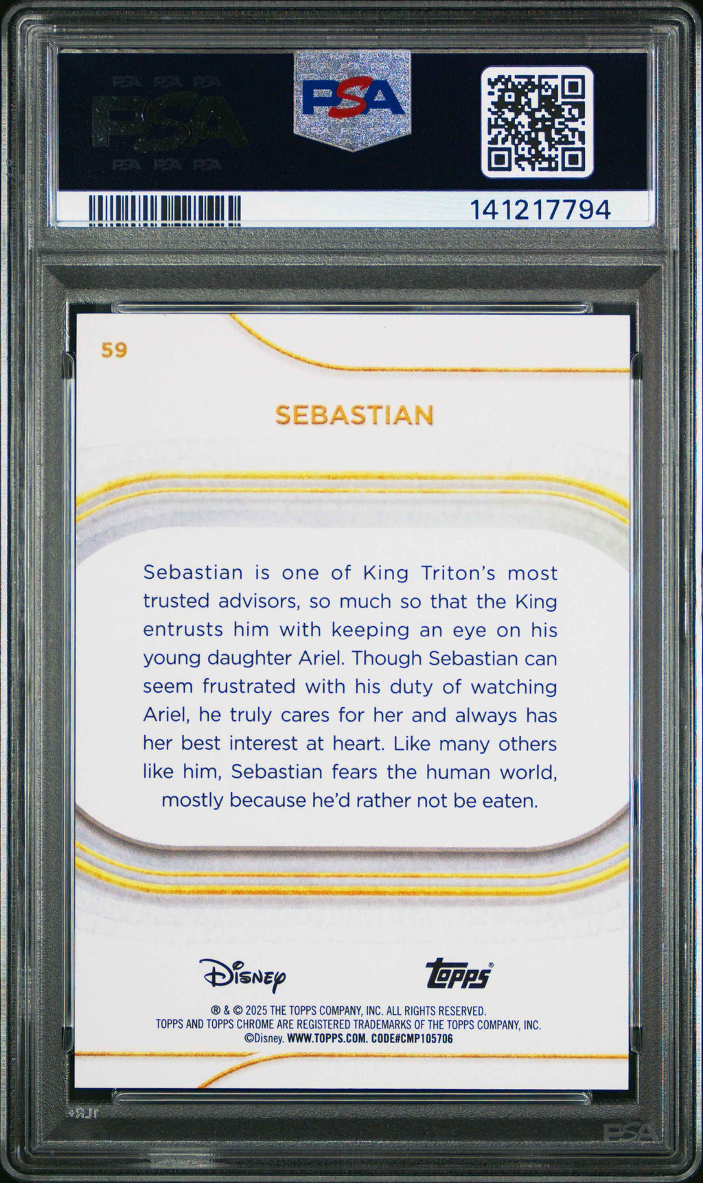 Graded 2025 Topps Chrome Disney Sebastian #59 Purple Wave #/75 The Little Mermaid Trading Card PSA 10 Gem Mint