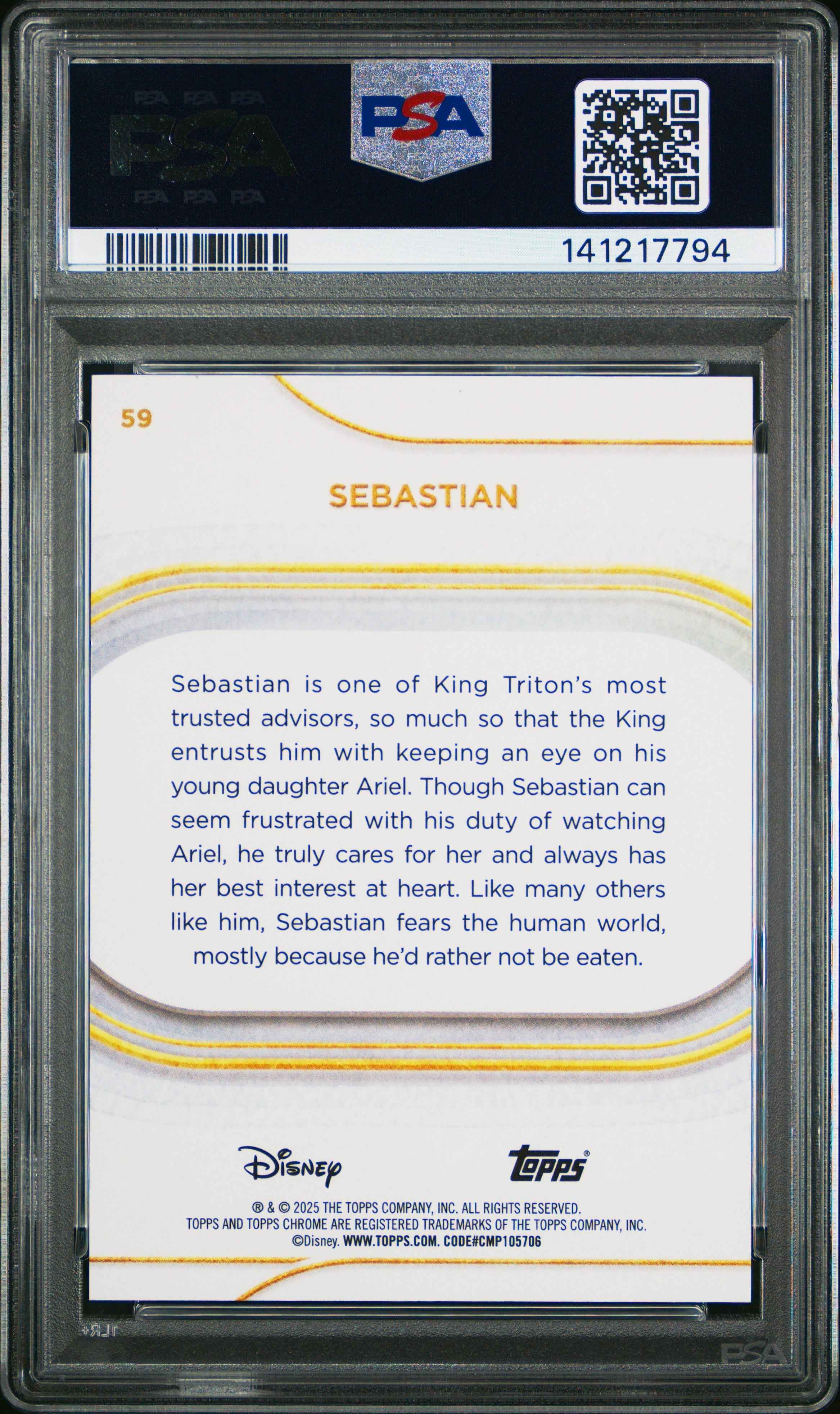 Graded 2025 Topps Chrome Disney Sebastian #59 Purple Wave #/75 The Little Mermaid Trading Card PSA 10 Gem Mint