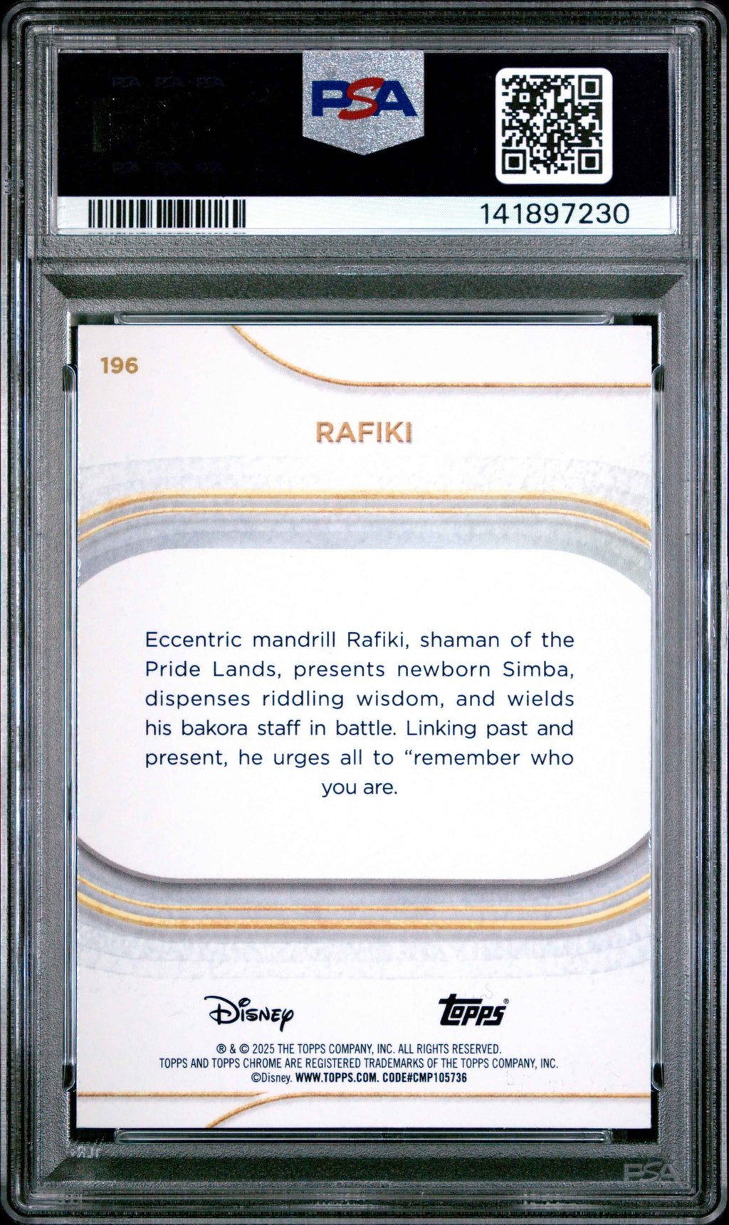 Graded 2025 Topps Chrome Disney Rafiki #196 Pink Refractor #/250 The Lion King Live Action Trading Card PSA 10 Gem Mint