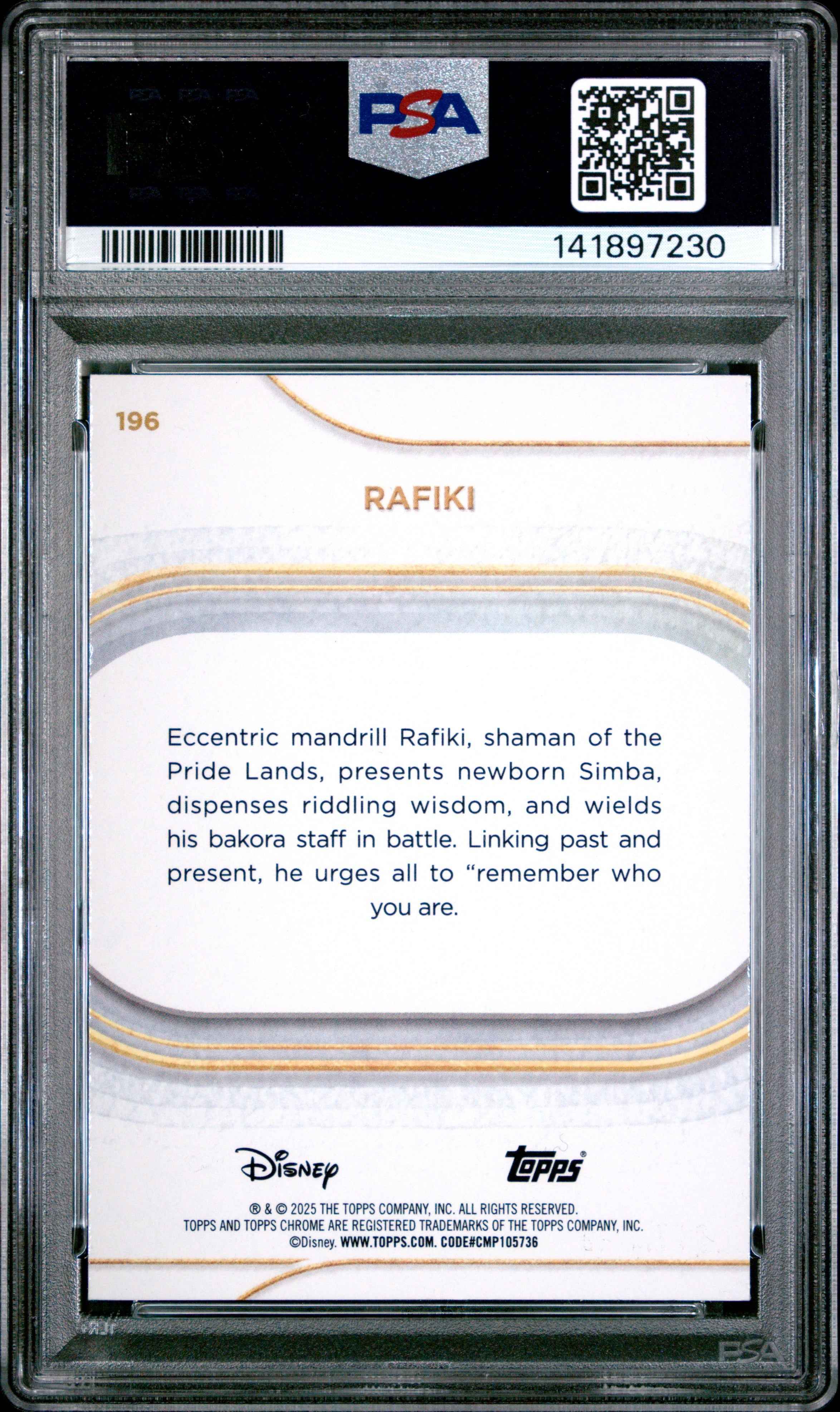Graded 2025 Topps Chrome Disney Rafiki #196 Pink Refractor #/250 The Lion King Live Action Trading Card PSA 10 Gem Mint