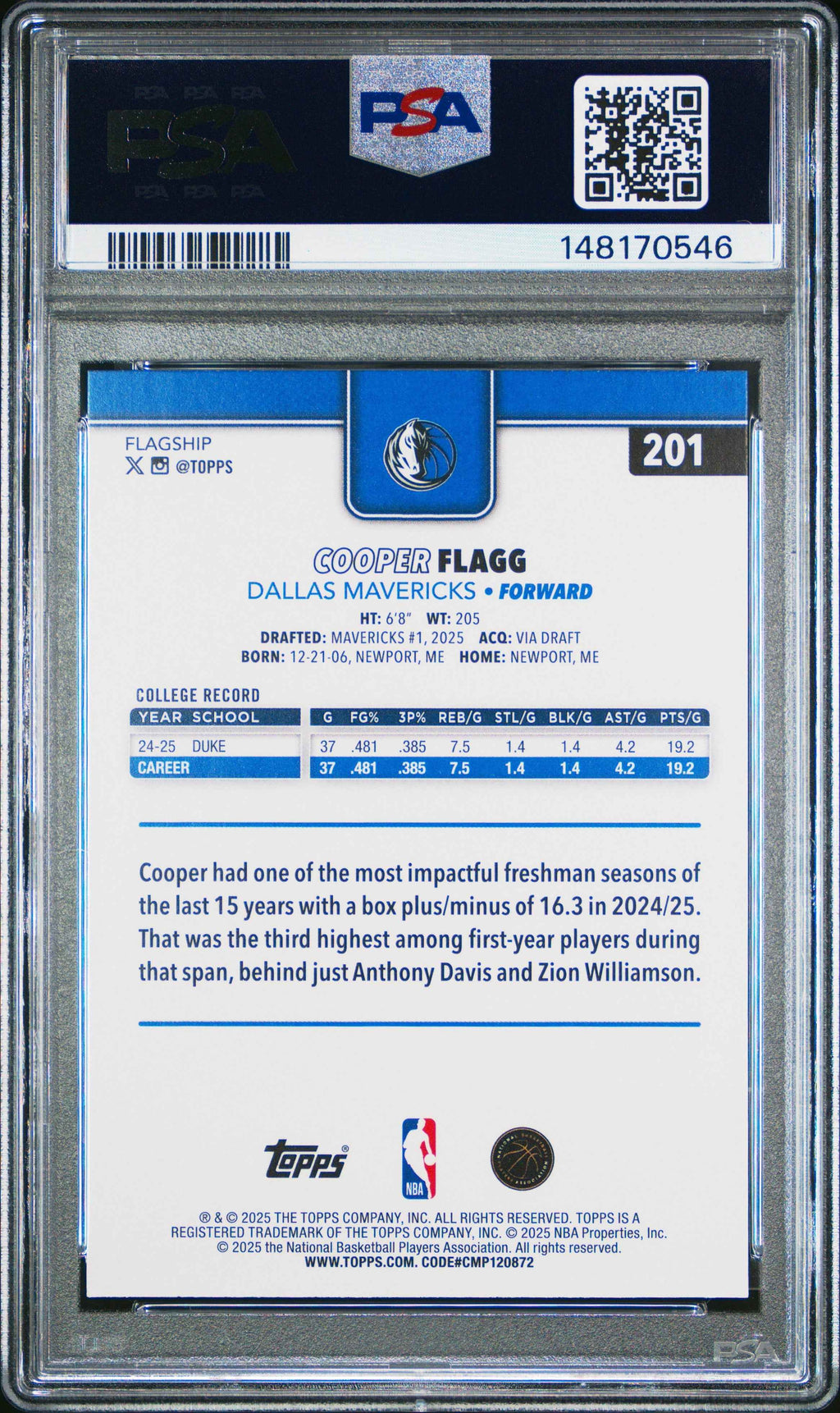 Graded 2025 Topps Cooper Flagg #201 Rookie RC Basketball Card PSA 10 Gem Mint