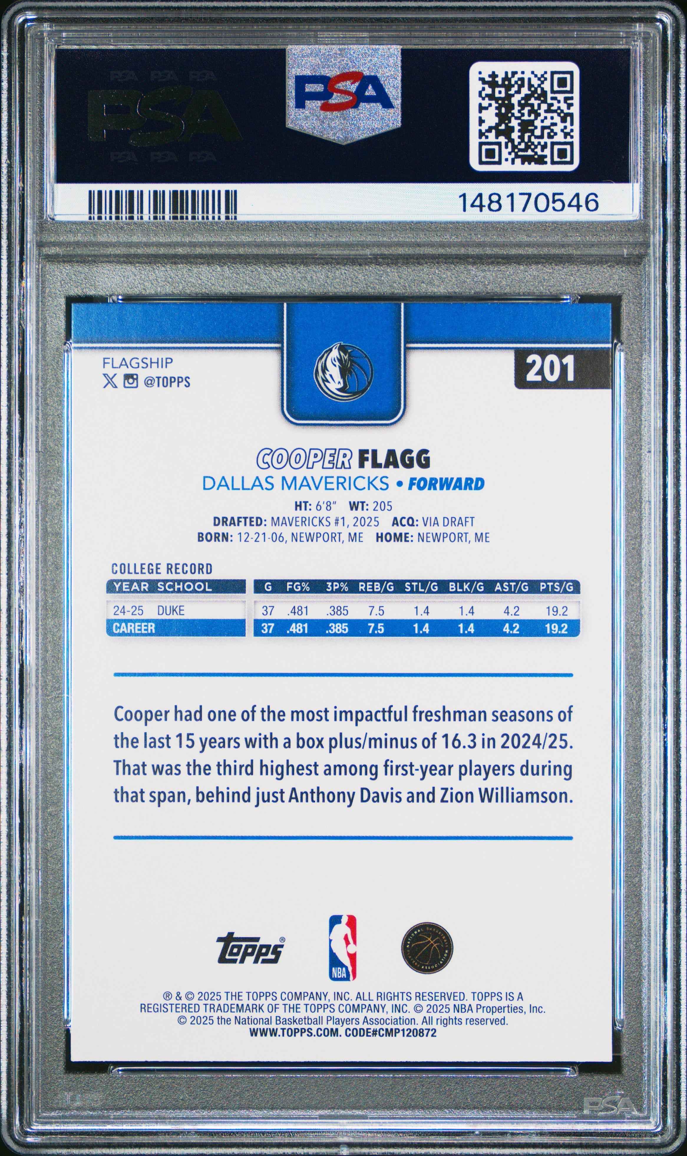 Graded 2025 Topps Cooper Flagg #201 Rookie RC Basketball Card PSA 10 Gem Mint