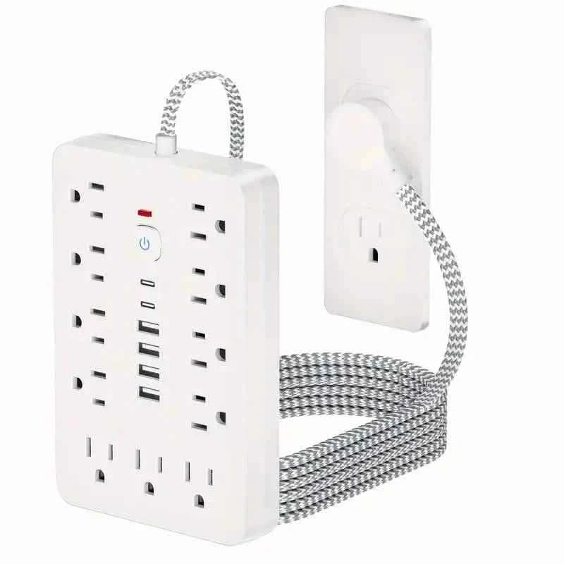 17-in-1 Surge Protector Power Cord 5Ft Braided Flat Extension Cable with 6 USB Chargers, 2 USB C, 11 AC Power Outlets
