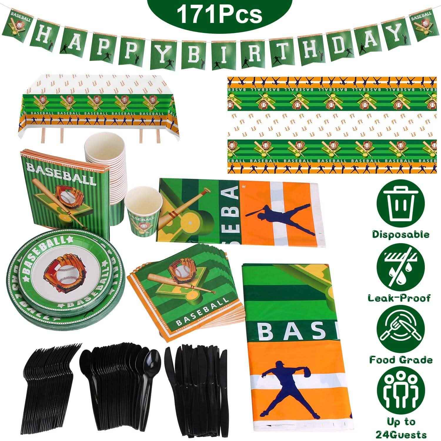 171-Pieces: Baseball Birthday Party Disposable Dinnerware Set