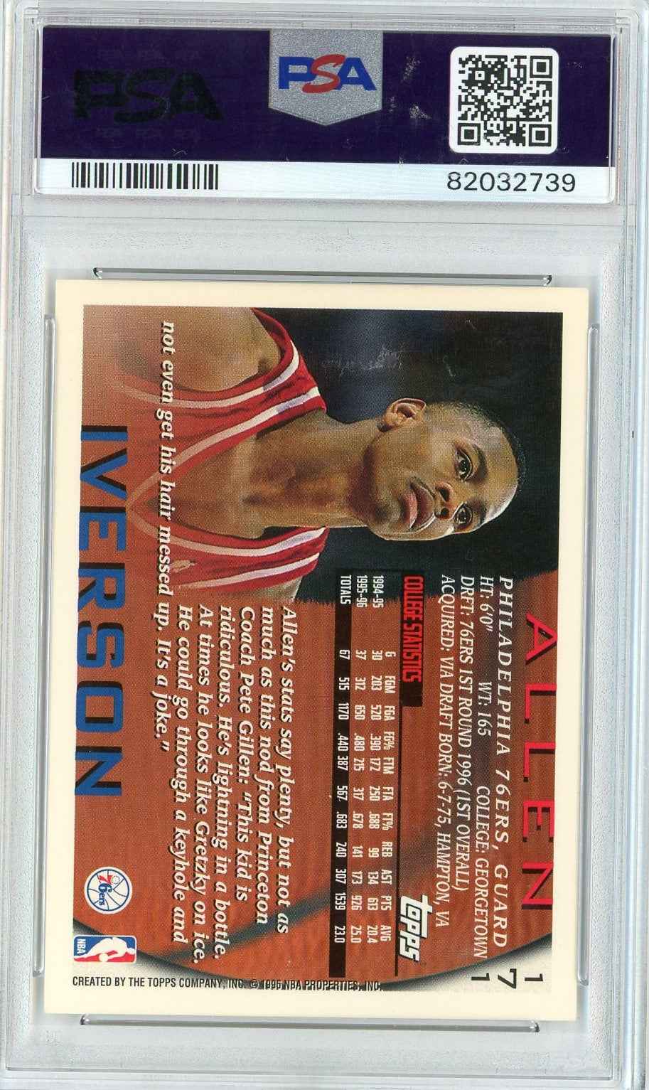 Graded 1996 Topps Allen Iverson #171 Rookie RC Basketball Card PSA 9 Auto Grade Mint