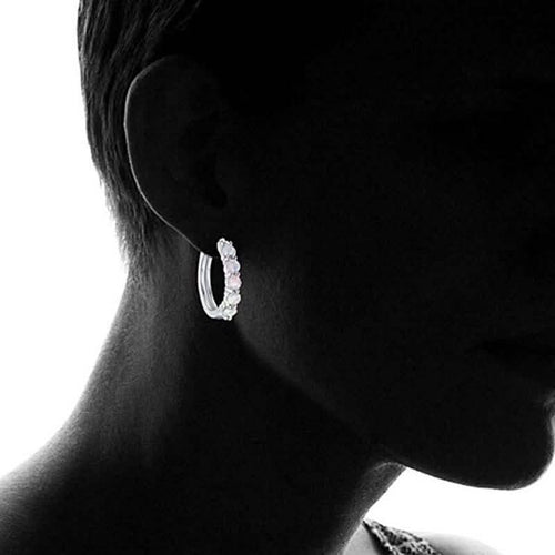 18K White Gold Plated Created Round Opal Hoop Earrings