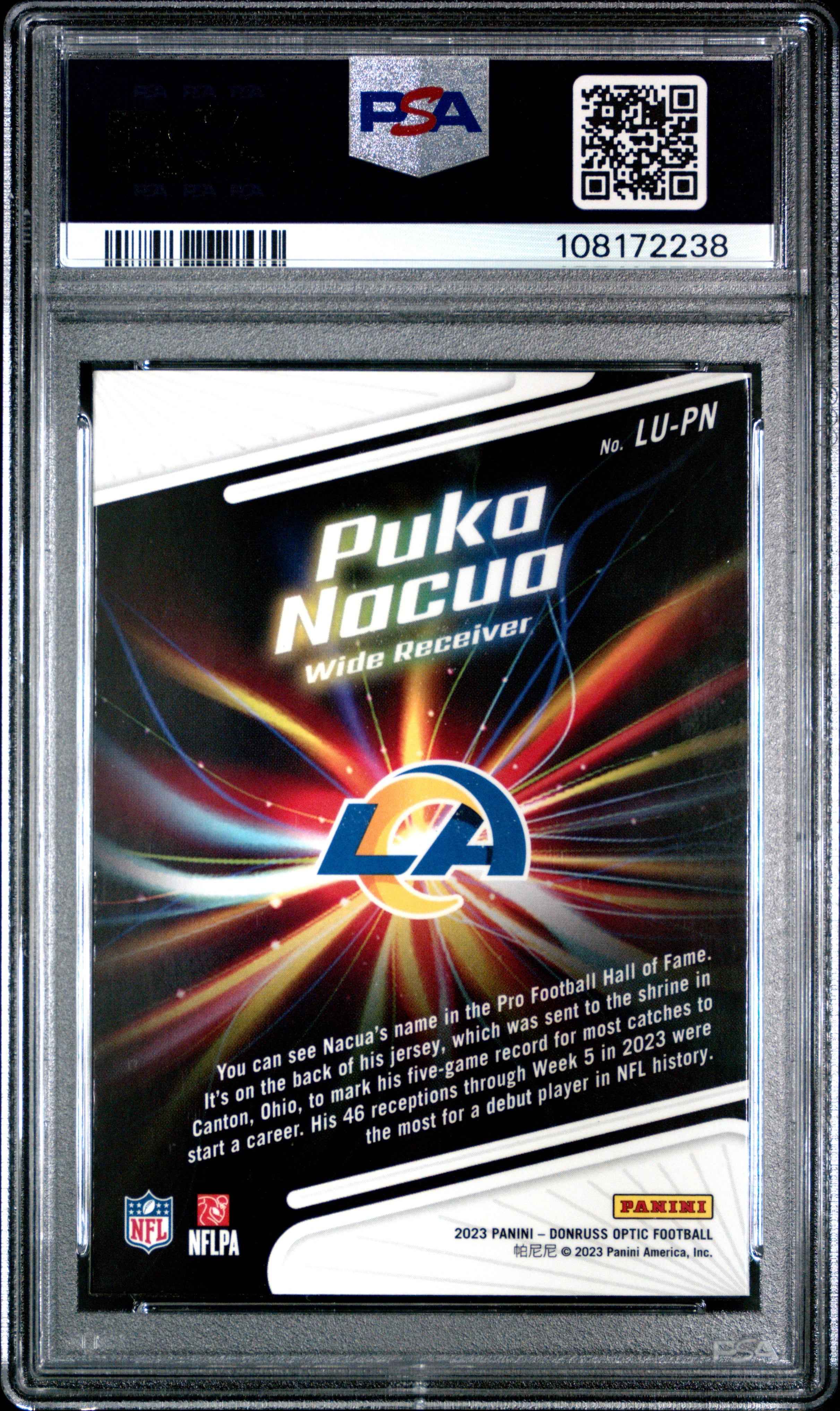 Graded 2023 Panini Donruss Optic Puka Nacua #LUPN Light It Up Rookie RC Football Card PSA 10 Gem Mint