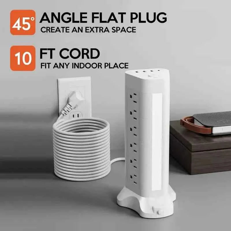 22-in-1 Power Strip Tower with 4 USB Ports & 9 AC Outlets, 10ft Extension Cable, 3-Color Night Light
