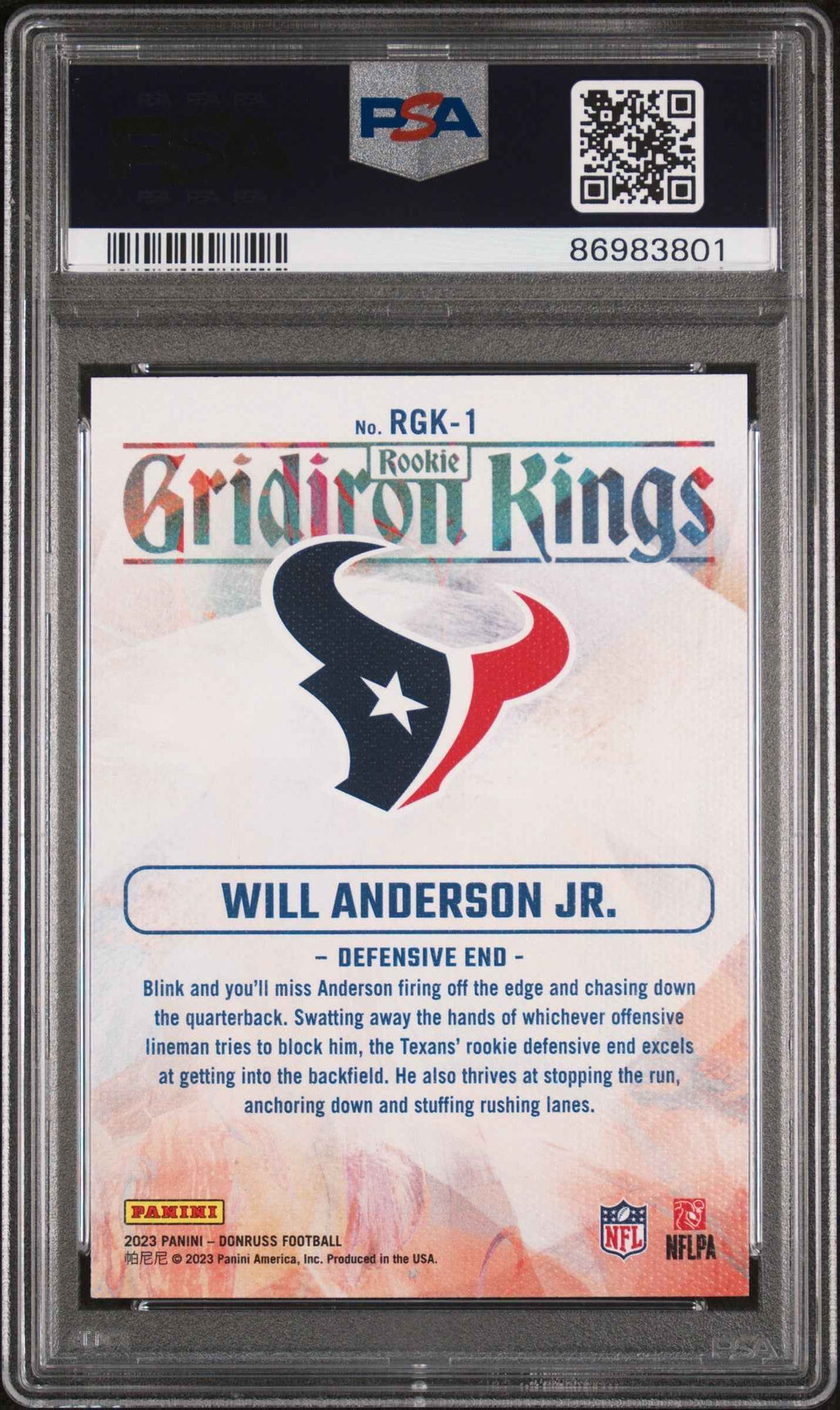 Graded 2023 Panini Donruss Will Anderson #RGK1 Rookie Gridiron Kings Rookie RC Football Card PSA 10 Gem Mint