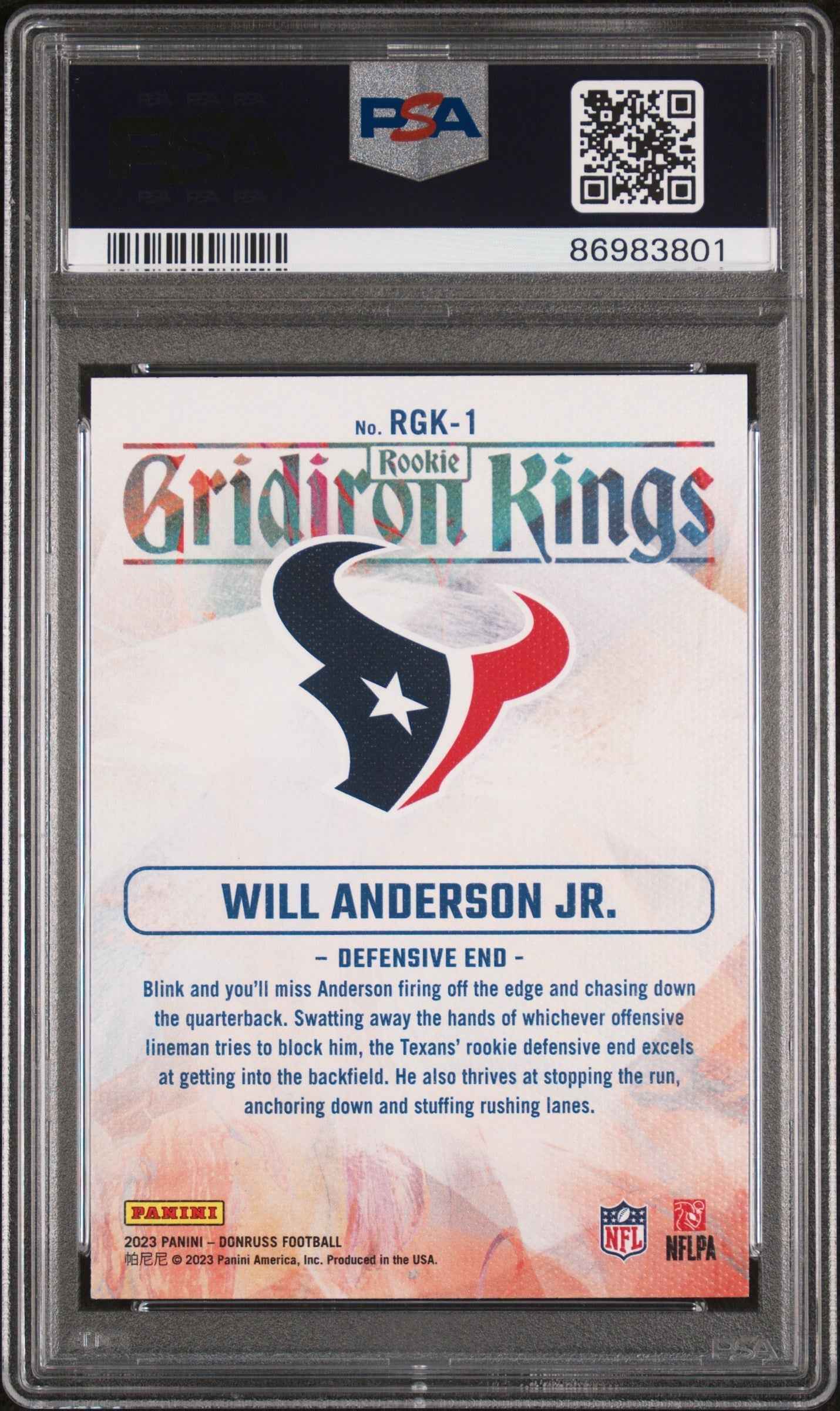 Graded 2023 Panini Donruss Will Anderson #RGK1 Rookie Gridiron Kings Rookie RC Football Card PSA 10 Gem Mint