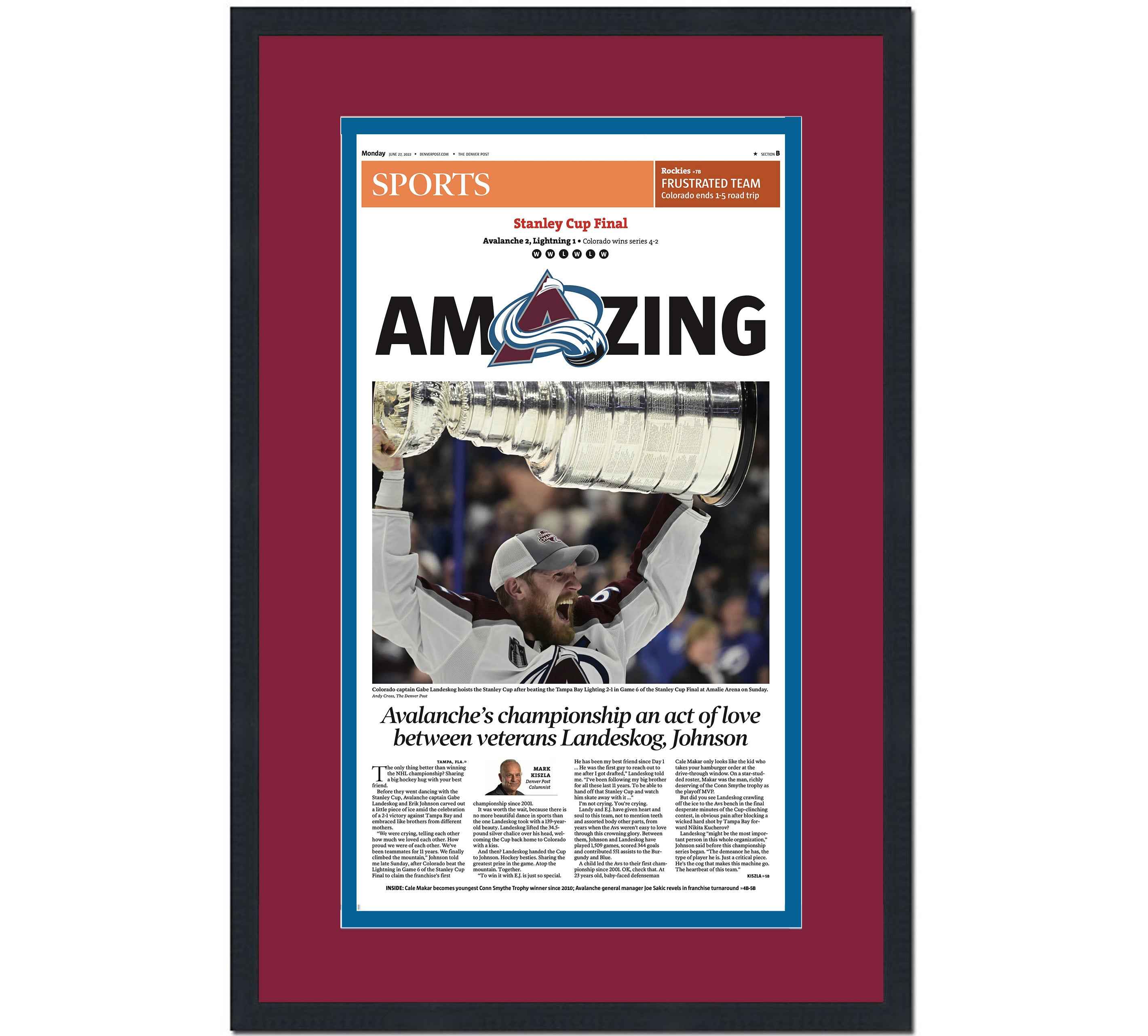 Framed Denver Post Colorado Avalanche 2022 Stanley Cup Champions 14x24 Hockey Newspaper Cover Photo Professionally Matted V2