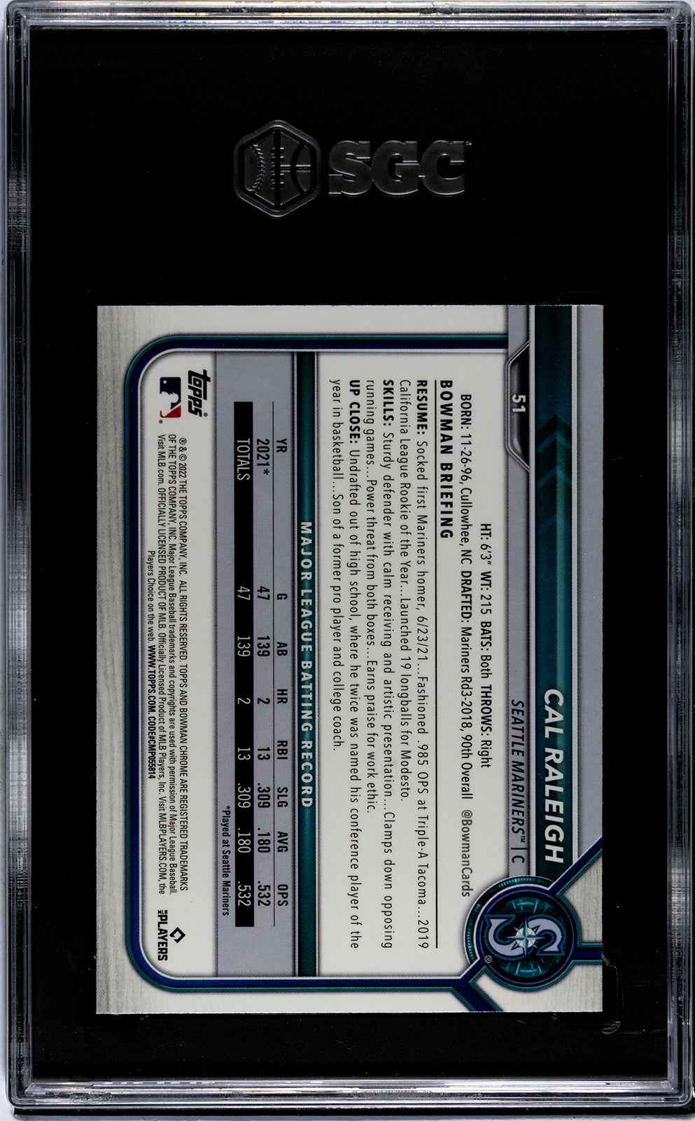 Graded 2022 Topps Bowman Chrome Cal Raleigh #51 Rookie RC Baseball Card SGC 9 Mint