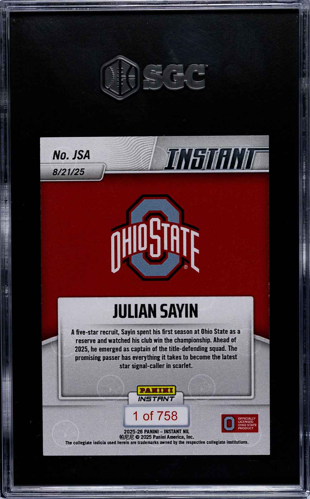 Graded 2025 Panini Instant NIL Julian Sayin #JSA Rookie RC Football Card SGC 9 Mint