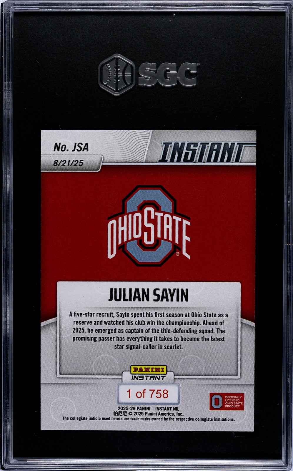 Graded 2025 Panini Instant NIL Julian Sayin #JSA Rookie RC Football Card SGC 9.5 Mint+