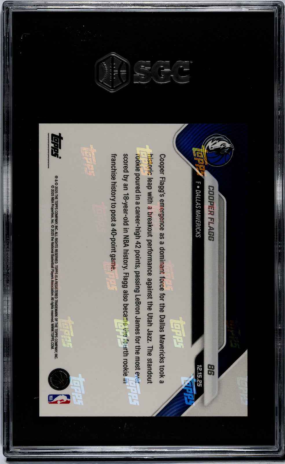 Graded 2025 Topps Now Cooper Flagg #86 Rookie RC Basketball Card SGC 9.5 Mint+